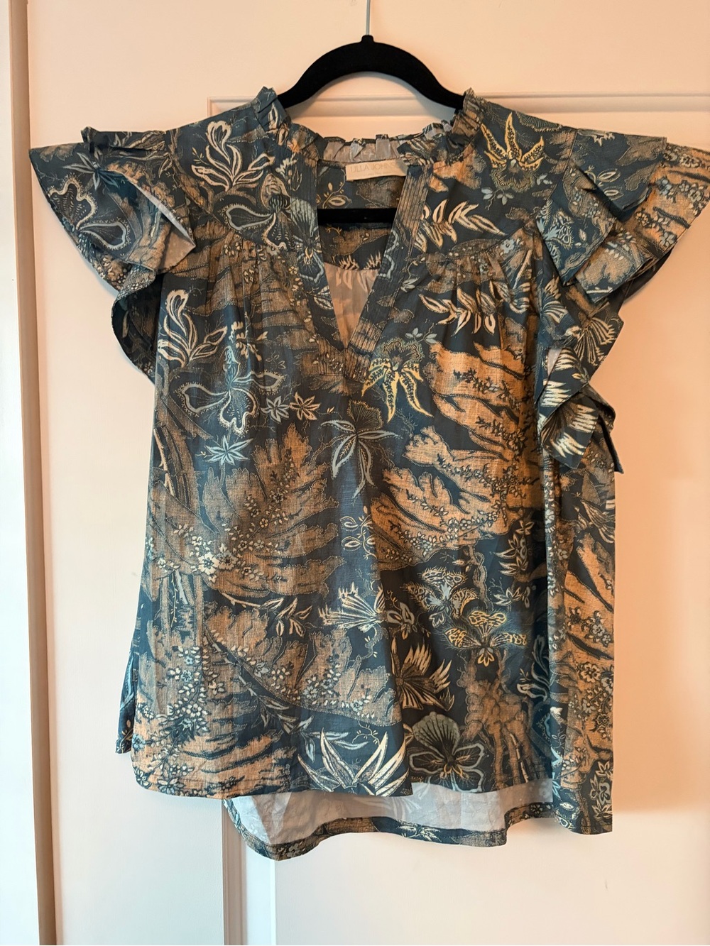 Ulla Johnson Teal and Gold Floral Ruffle-Sleeve Blouse